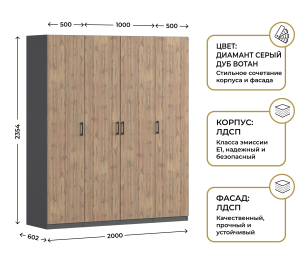 Шкаф четырехдверный Макс 2000 мм, вариант №4 (ЛДСП)