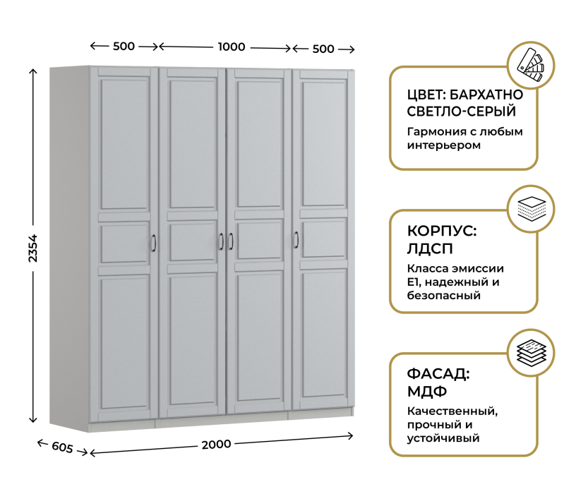 Для одежды, Шкаф четырехдверный Макс 2000 мм, вариант №1 (ЛДСП/МДФ)