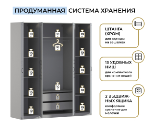 Шкаф четырехдверный Макс 2000 мм, вариант №1 (ЛДСП/МДФ)