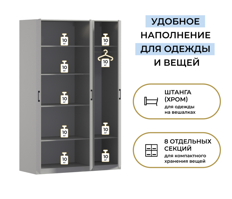 Для одежды, Шкаф трехдверный Макс 1500 мм, вариант №3 (ЛДСП)