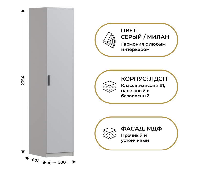 Для одежды, Шкаф однодверный Макс 500 мм, вариант №5 (ЛДСП/МДФ)