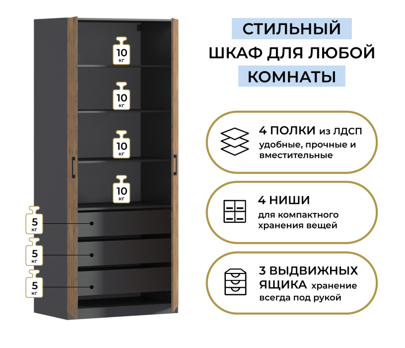 В спальню, Шкаф двухдверный Макс 1000 мм, вариант №5 (ЛДСП)