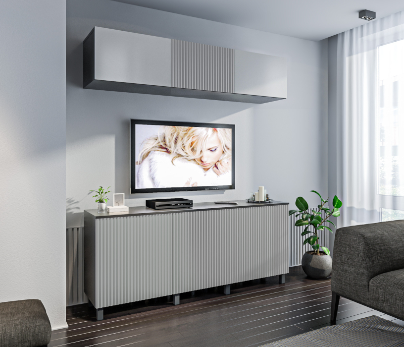 Стенки для гостиной, Гостиная (стенка) 3 на ножках Тренд Диамант серый / МДФ Джаз Светло-серый